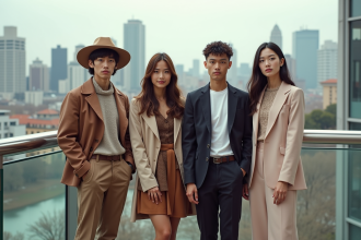 Groupe de jeunes adultes fashion sur un rooftop urbain