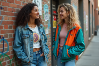 Deux jeunes femmes souriantes devant un mur graffite en ville