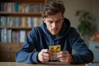 Jeune homme examinant une carte Pokémon à son bureau de collectionneur, entouré de classeurs et protège-cartes