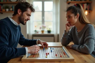 Deux joueurs adultes jouant à la bataille navale autour d'une table en bois, regardant les grilles avec des expressions concentrées et frustrées
