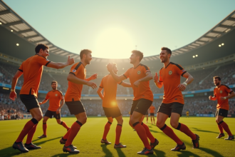 Groupe de joueurs de football vintage célébrant sur le terrain