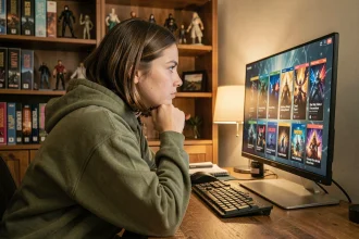 Joueuse concentrée devant un écran affichant le menu de contenu du jeu Clair Obscur avec ses actes et chapitres