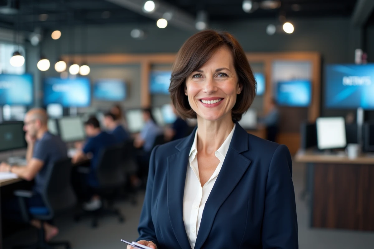 Femme journaliste souriante dans un newsroom animé