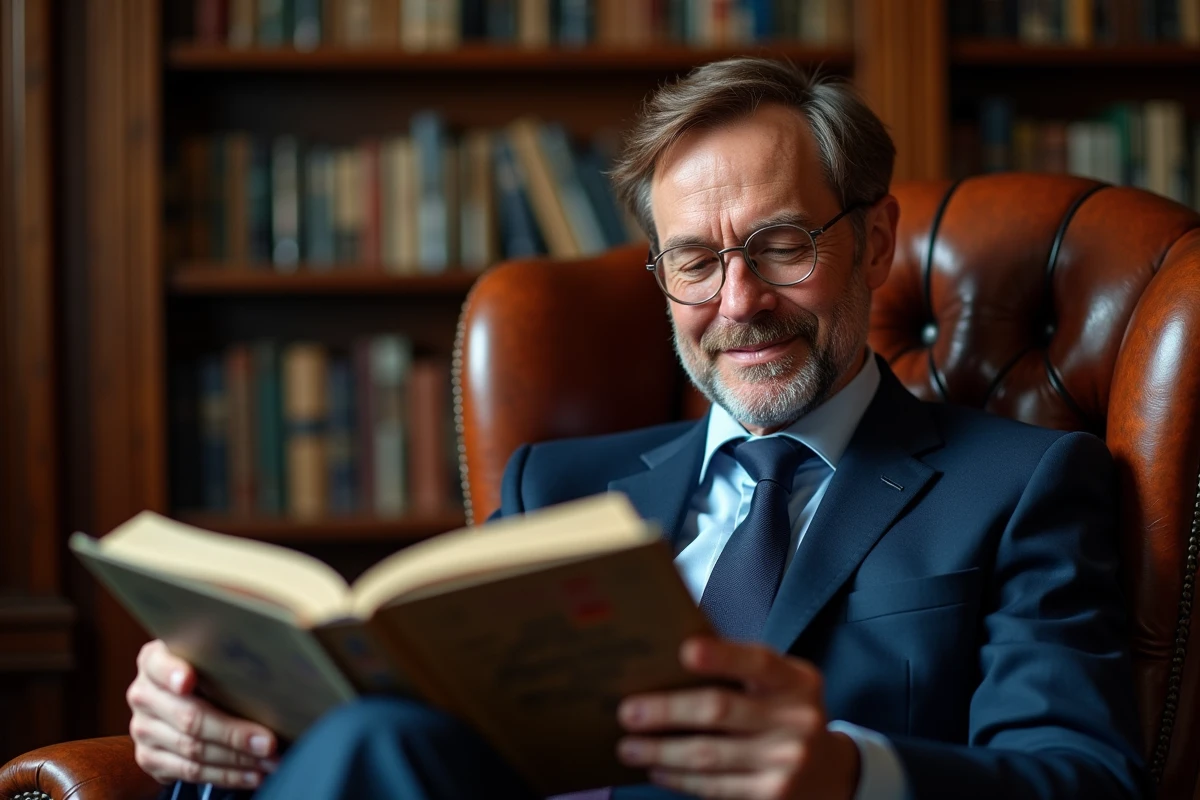 Homme d'âge moyen lisant un roman graphique dans une bibliothèque chaleureuse