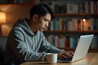 Jeune homme consultant un site de lecture de manga sur son ordinateur portable dans un bureau cosy entouré de volumes de manga