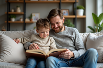 Un homme et un enfant lisent un livre dans un salon chaleureux