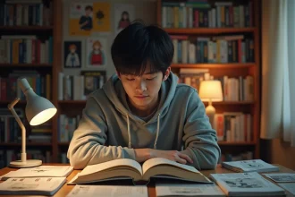 Jeune homme lisant un manga japonais à son bureau entouré de volumes de comics en VF
