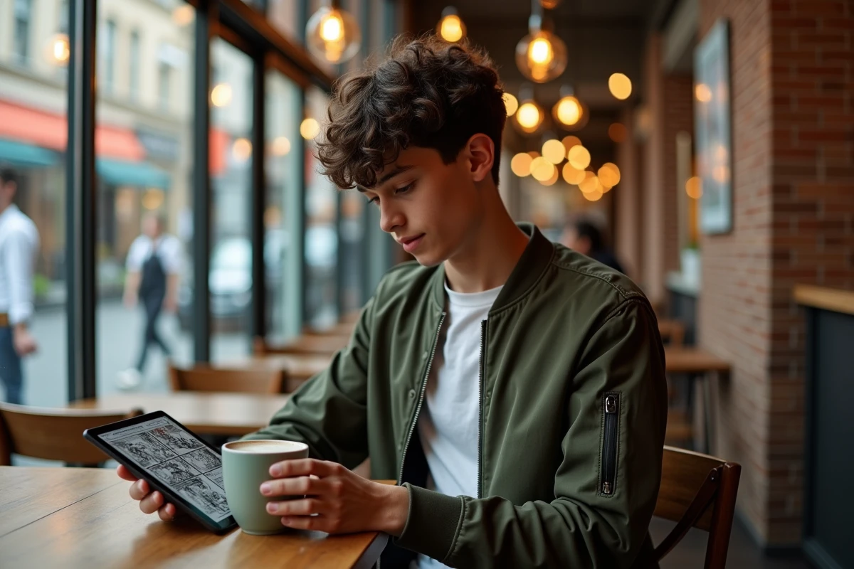 Adolescent lisant des scans de manga en VF sur une tablette dans un café urbain