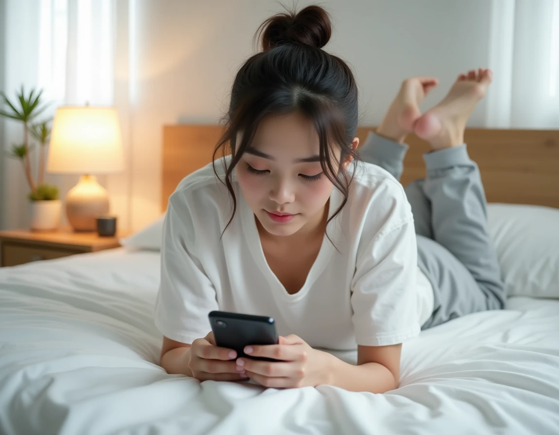 Jeune femme allongée sur son lit lisant un scan One Piece en français sur smartphone dans une chambre minimaliste scandinave