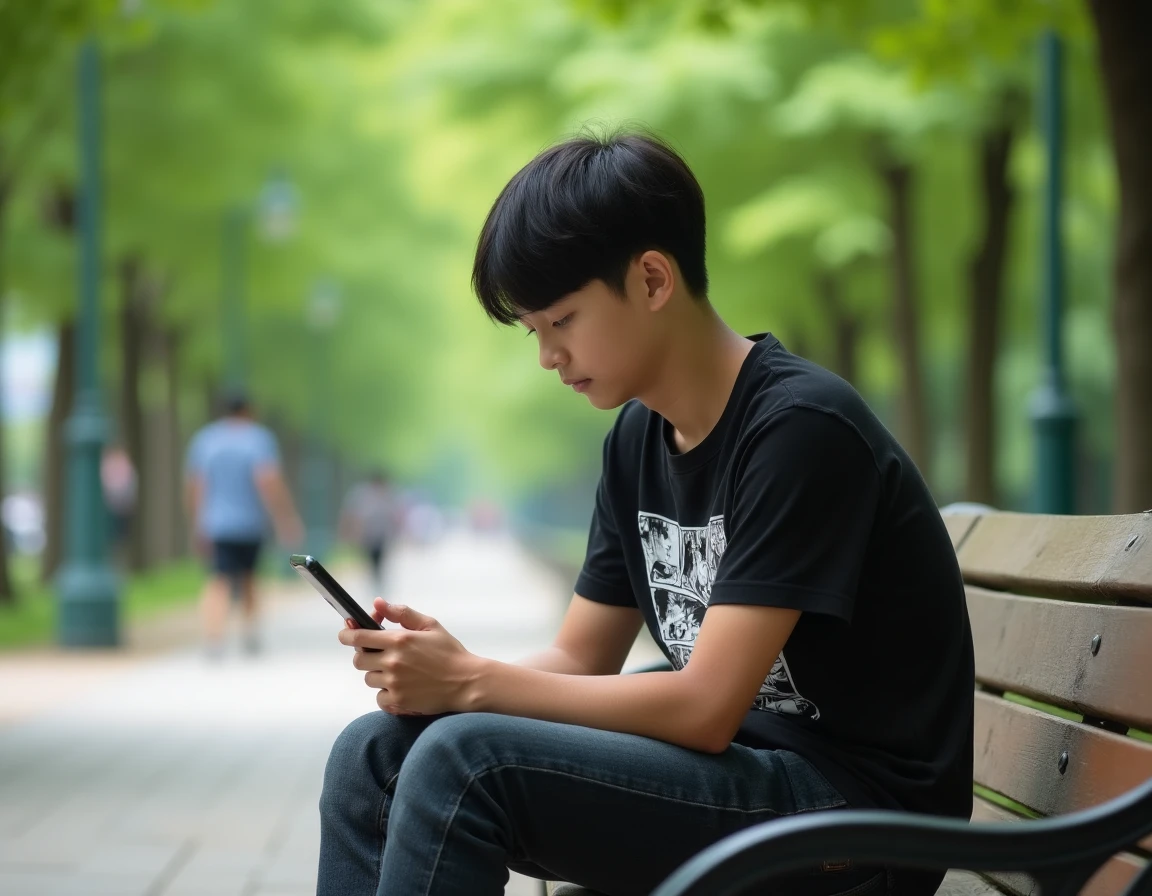 Adolescent lisant un scan One Piece en VF sur son smartphone assis sur un banc dans un parc urbain en plein air