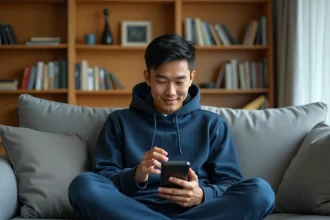 Jeune homme lisant un scan One Piece en VF sur son smartphone dans un salon cozy avec des volumes manga posés sur la table basse