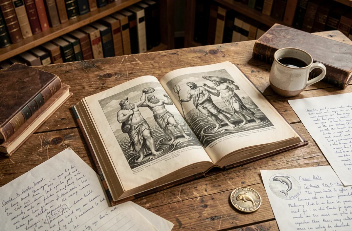 Livre académique ouvert sur des gravures de dieux grecs de la mer comme Protée et Glaucos, entouré de notes de recherche sur un bureau en chêne