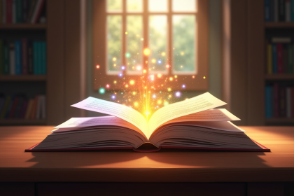 Livre magique ouvert avec symboles lumineux sur une table en bois