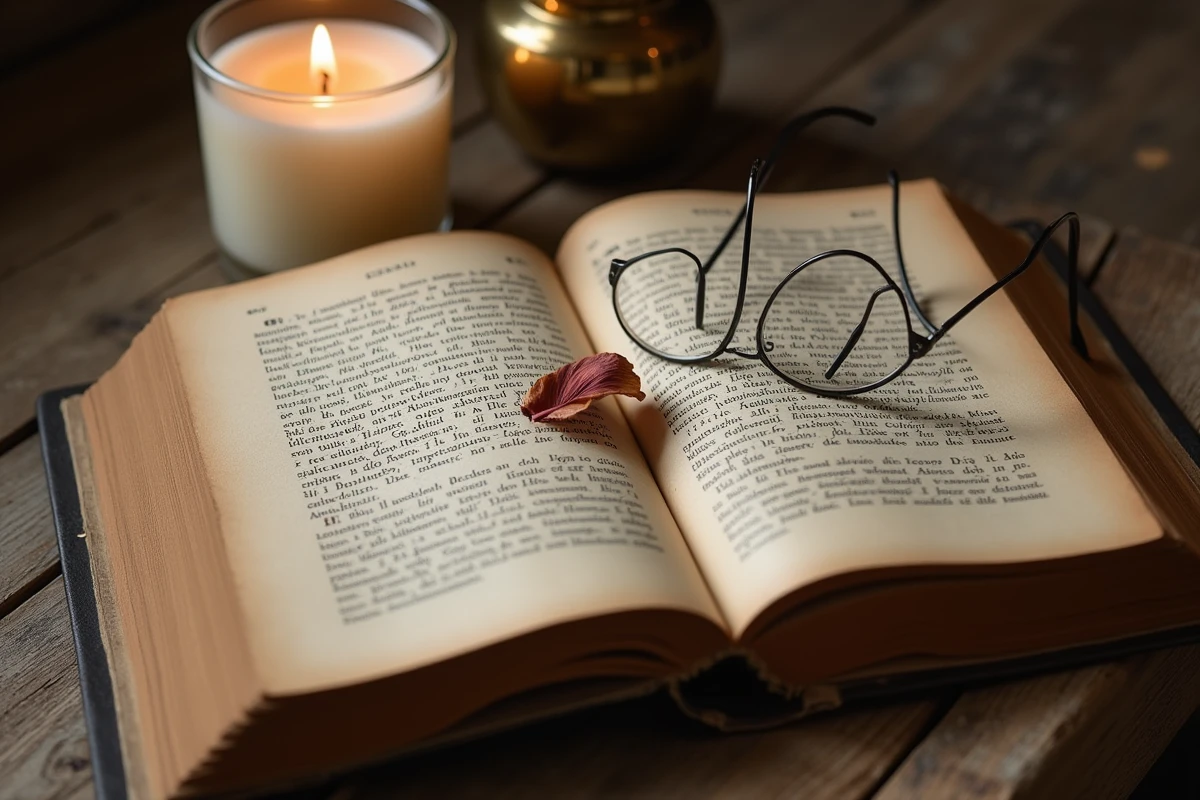 Vieux livre de philosophie ouvert avec annotations manuscrites, chandelle et lunettes sur une table en bois, évoquant l'œuvre et la pensée de Schopenhauer