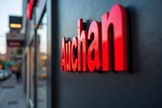 Logo Auchan sur une façade moderne en journée