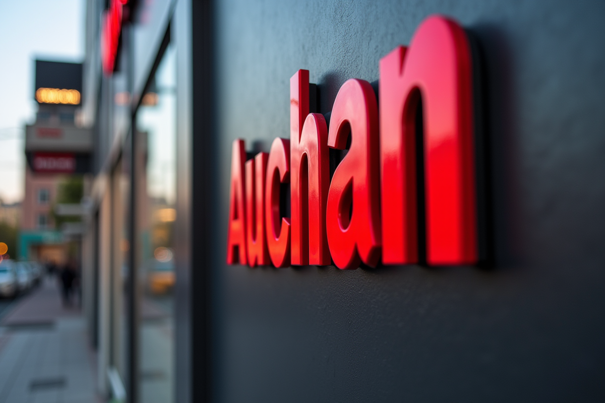 Logo Auchan sur une façade moderne en journée