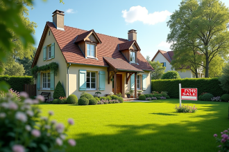 Maison individuelle en campagne avec panneau vente