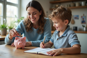 Maman et son fils épargnent avec une tirelire et un carnet