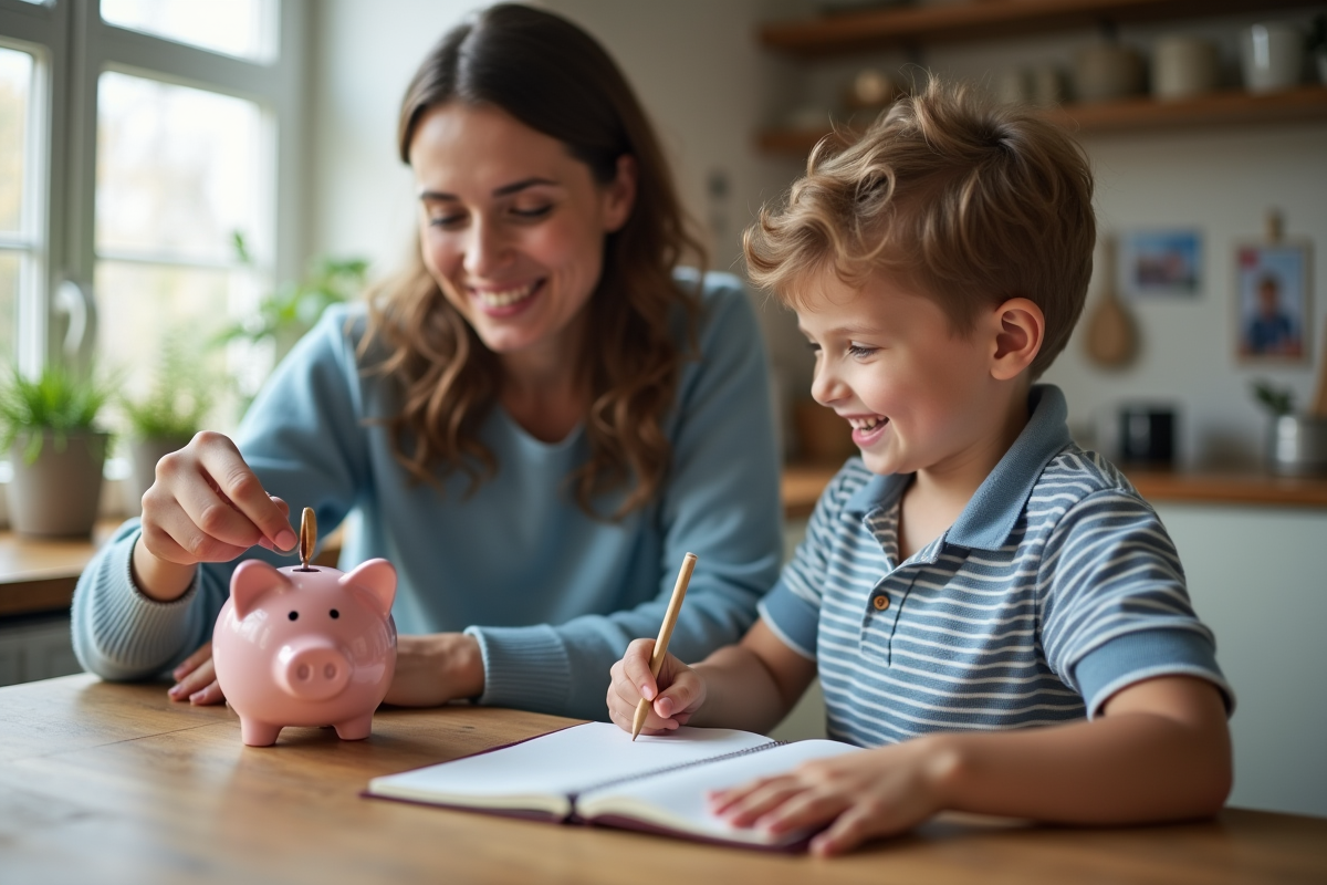 Maman et son fils épargnent avec une tirelire et un carnet