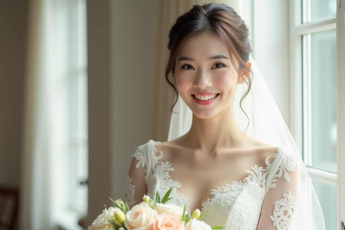 Mariée souriante avec coupe carré moderne et robe blanche
