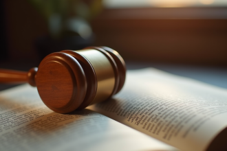 Marto de juge en bois sur un livre de droit français