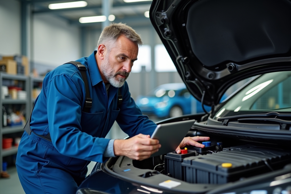 Mécanicien en overalls bleus inspectant la batterie d'une voiture électrique