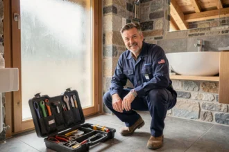 Plombier professionnel en uniforme bleu travaillant dans une maison de style alpin en Haute-Savoie