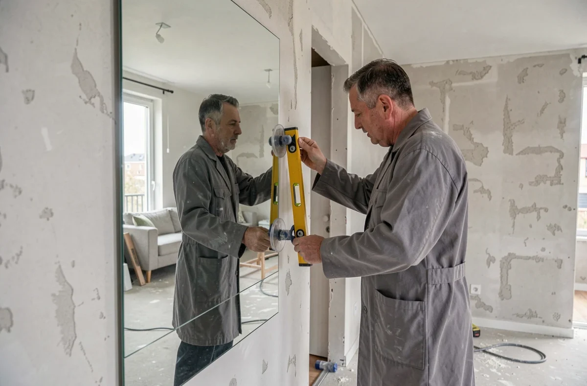 Spécialiste de la Miroiterie Dionysienne installant un grand miroir dans un appartement de Saint-Denis