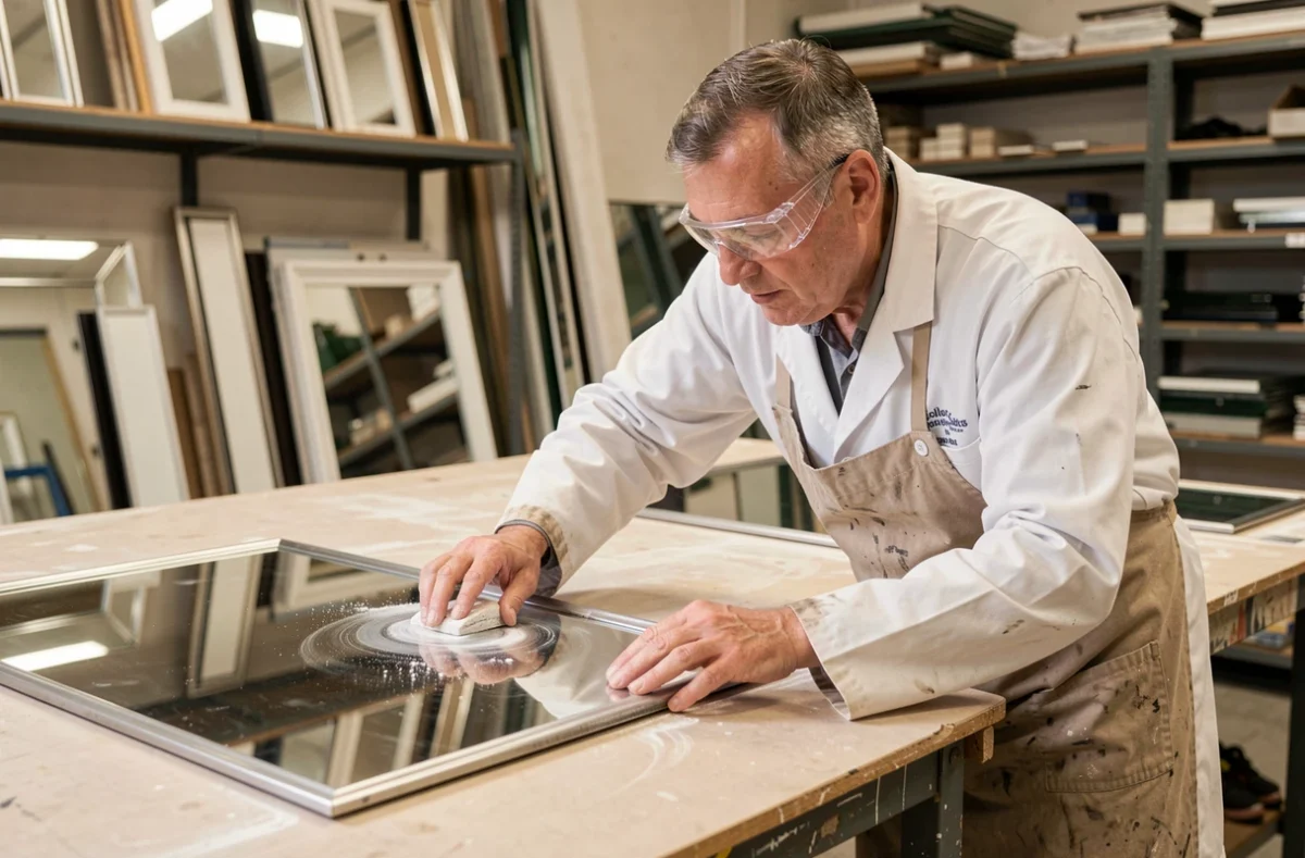Miroitier de Pantin et des Lilas polissant un grand miroir décoratif dans son atelier artisanal