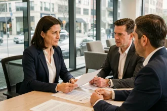 Professionnelle négociant un contrat de location de borne Photomaton avec un fournisseur dans un bureau moderne