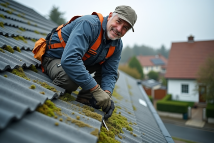 Homme professionnel en tenue de travail nettoyant un toit