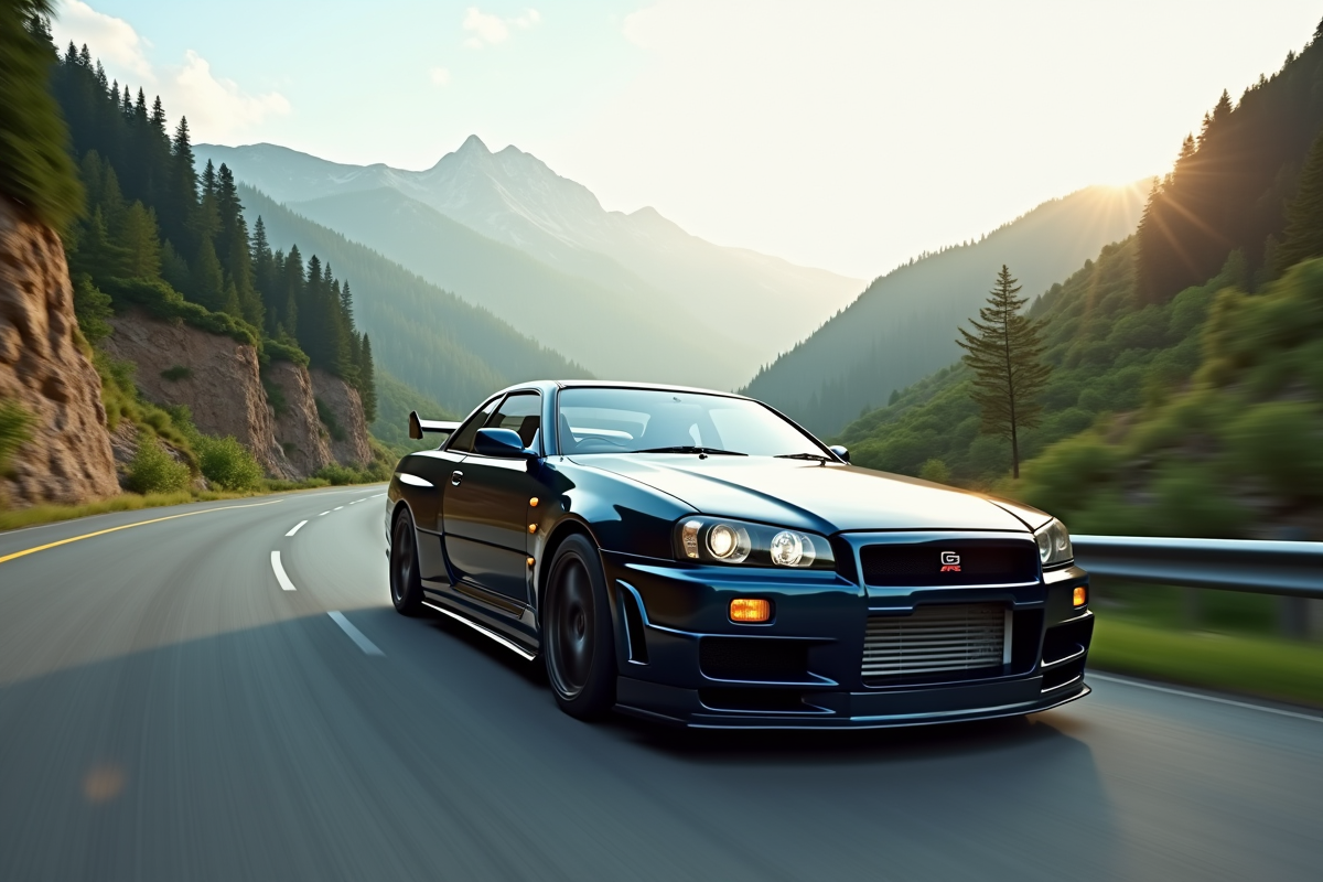Nissan GTR R34 roulant vite sur une route de montagne