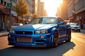 Nissan GTR R34 stationnee en ville au coucher de soleil