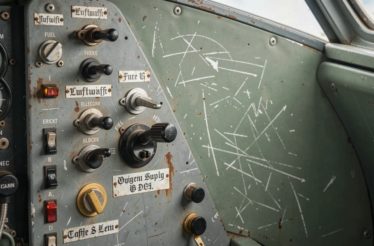 Gros plan sur le panneau latéral gauche du cockpit Bf 109 G avec la manette des gaz, les robinets carburant et les étiquettes Luftwaffe en écriture gothique