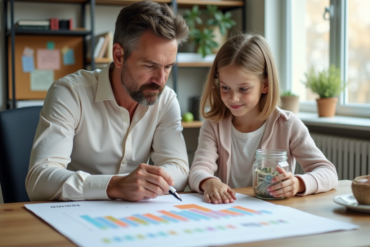 Père et fille analysent un tableau d
