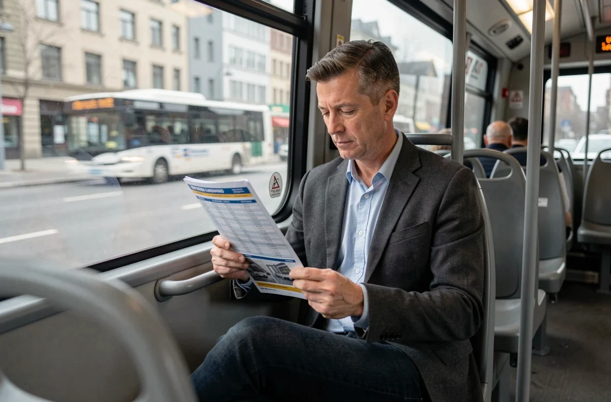 Passager masculin lisant un horaire de bus imprimé à l'intérieur d'un bus de ligne urbaine
