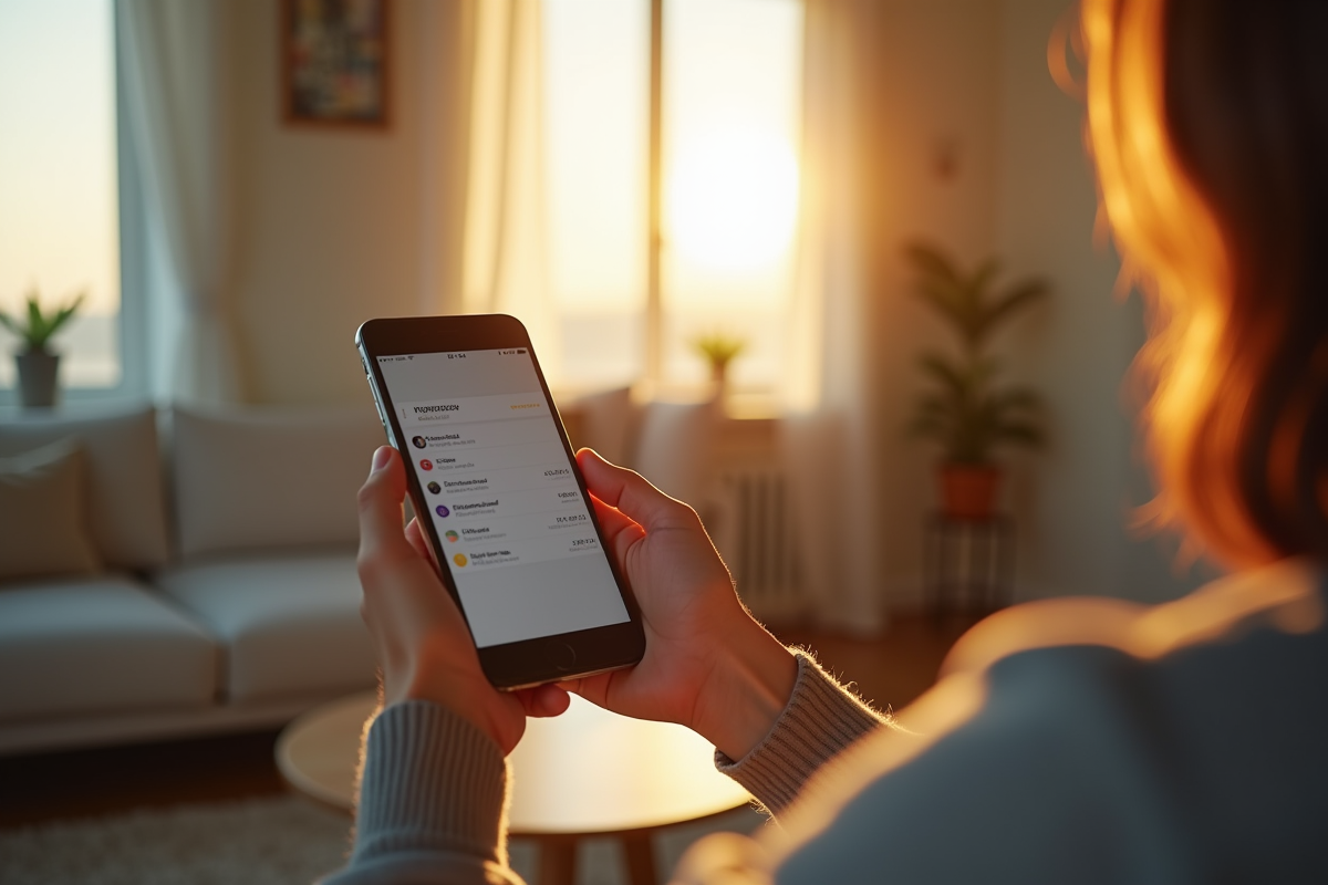Personne tenant un smartphone avec notification email dans un cadre cosy