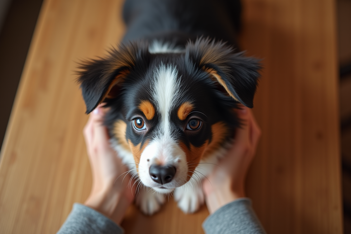 Miniature Australian Shepherd tenu dans les mains sur une table