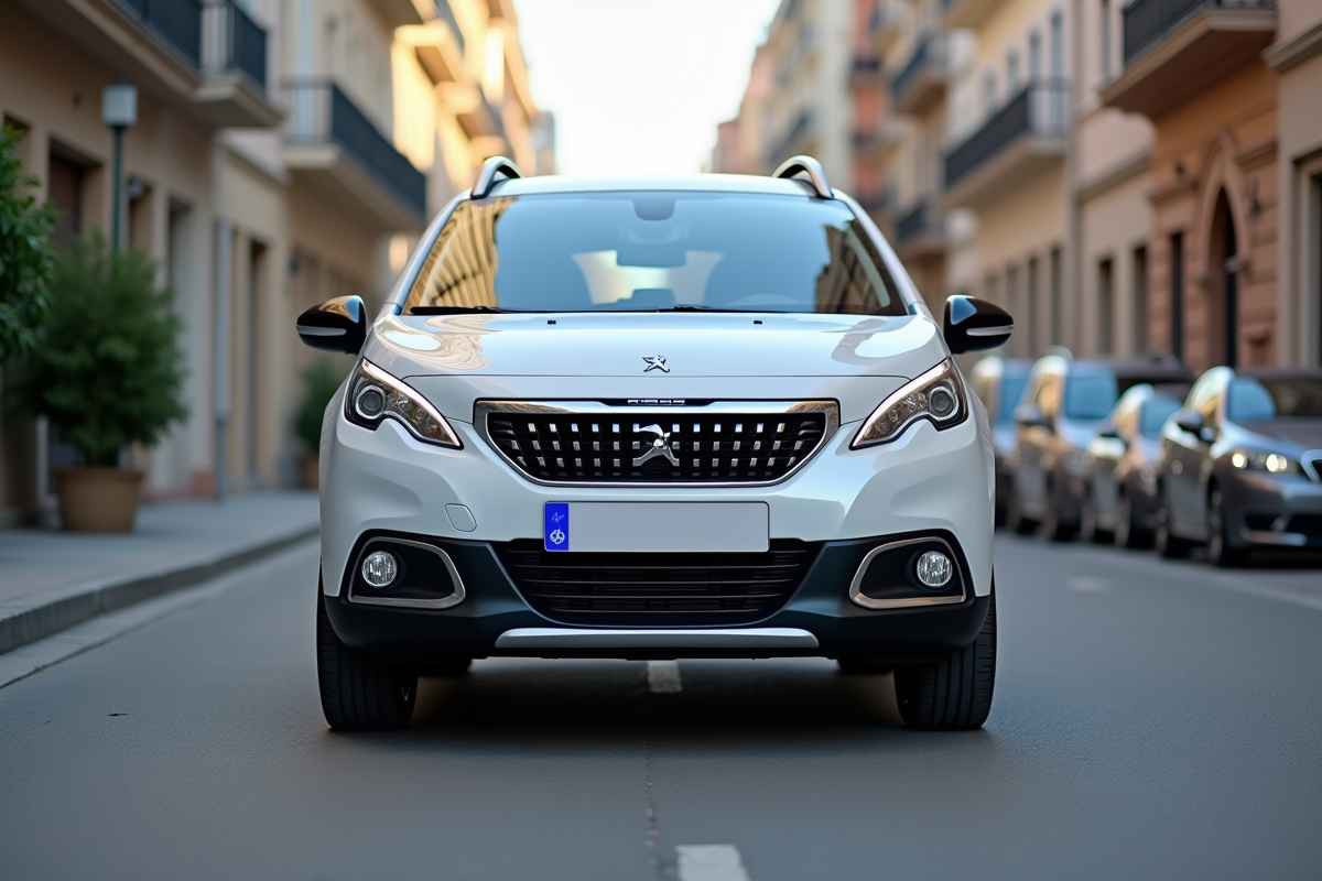 Voiture Peugeot 2008 d'occasion en ville en plein jour