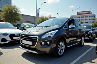 Peugeot 3008 d'occasion garée devant un concessionnaire en journée ensoleillée
