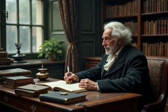 Portrait d'un philosophe âgé assis à son bureau encombré de livres anciens, évoquant la solitude et la pensée profonde de Schopenhauer