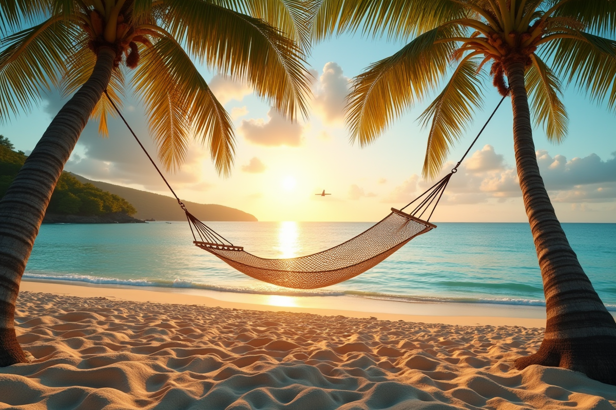 Hamac au lever du soleil sur une plage des Caraibes en Guadeloupe