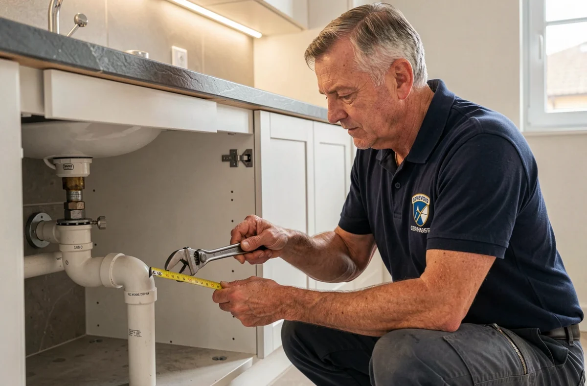 Artisan plombier de Plomberie Du Genevois Annemasse travaillant sous un évier dans une maison du bassin genevois