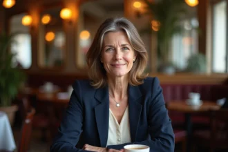 Portrait d'une comédienne française dans un café parisien, évoquant la carrière et la vie privée de Valérie Mairesse