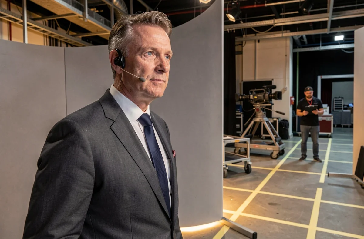 Présentateur télévision en coulisses juste avant d'entrer sur le plateau, moment de concentration