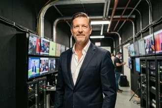Présentateur télévision en coulisses d'un studio de production, portrait éditorial professionnel