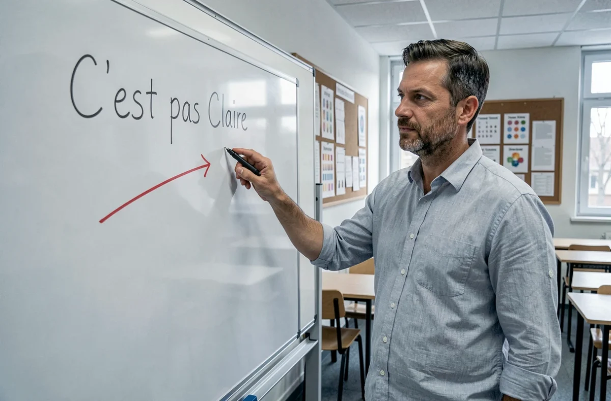 Professeur de langue pointant une correction grammaticale sur un tableau blanc dans une salle de classe avec l'expression idiomatique française