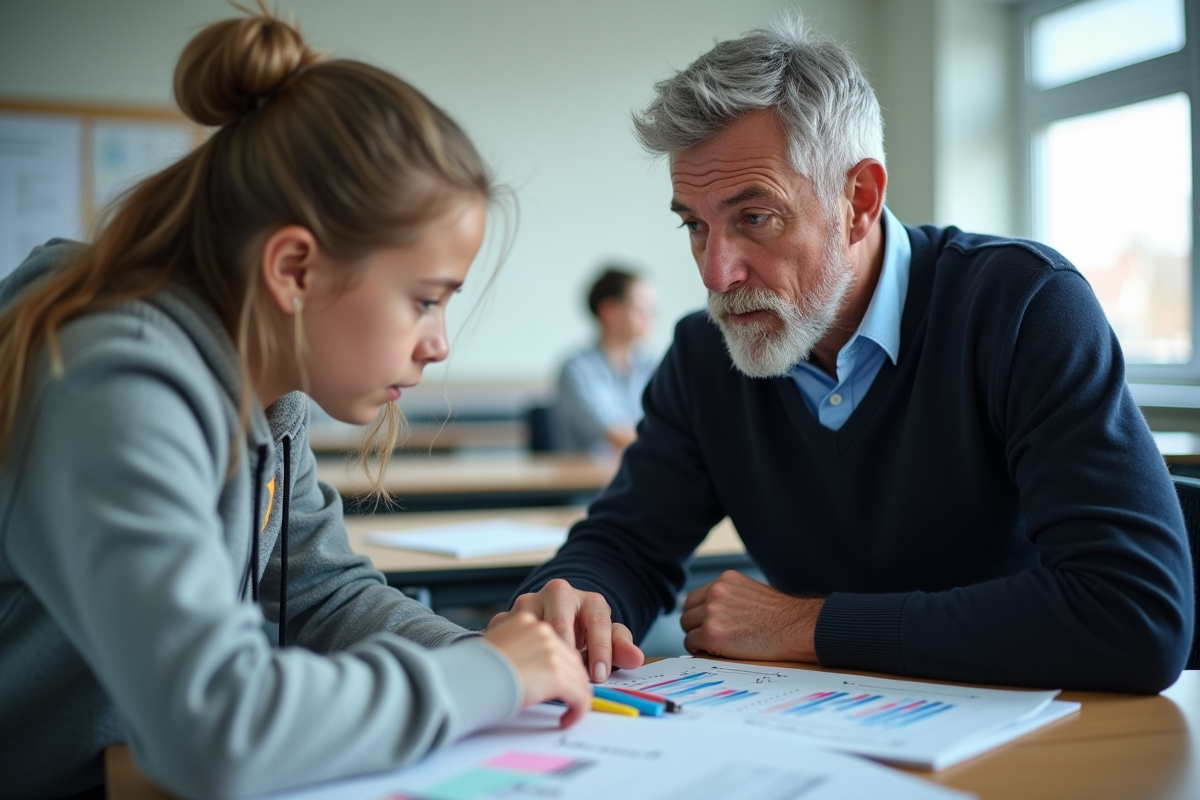 Professeur expliquant un graphique à une étudiante en classe
