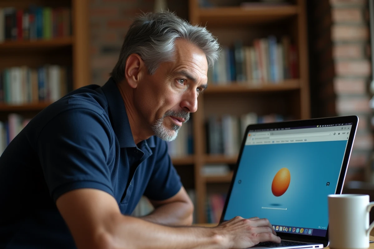 Professionnel concentré devant un laptop montrant l'effet barrel roll sur l'écran dans un bureau à domicile