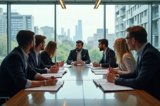 Groupe de professionnels discutant d'investissement durable en réunion